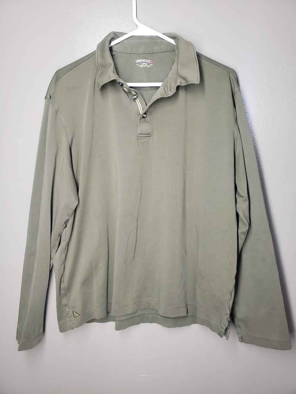 Untukit Mens Long Sleeve Polo Shirt Olive Green Size Large 100% Cotton